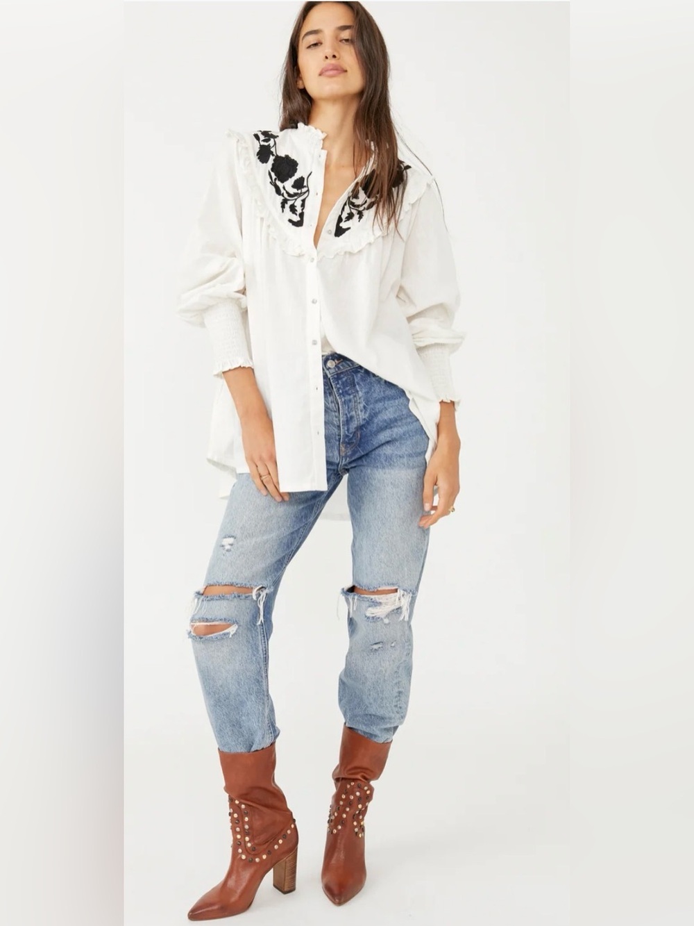Free People White Button-Front Blouse with Black Floral Embroidery